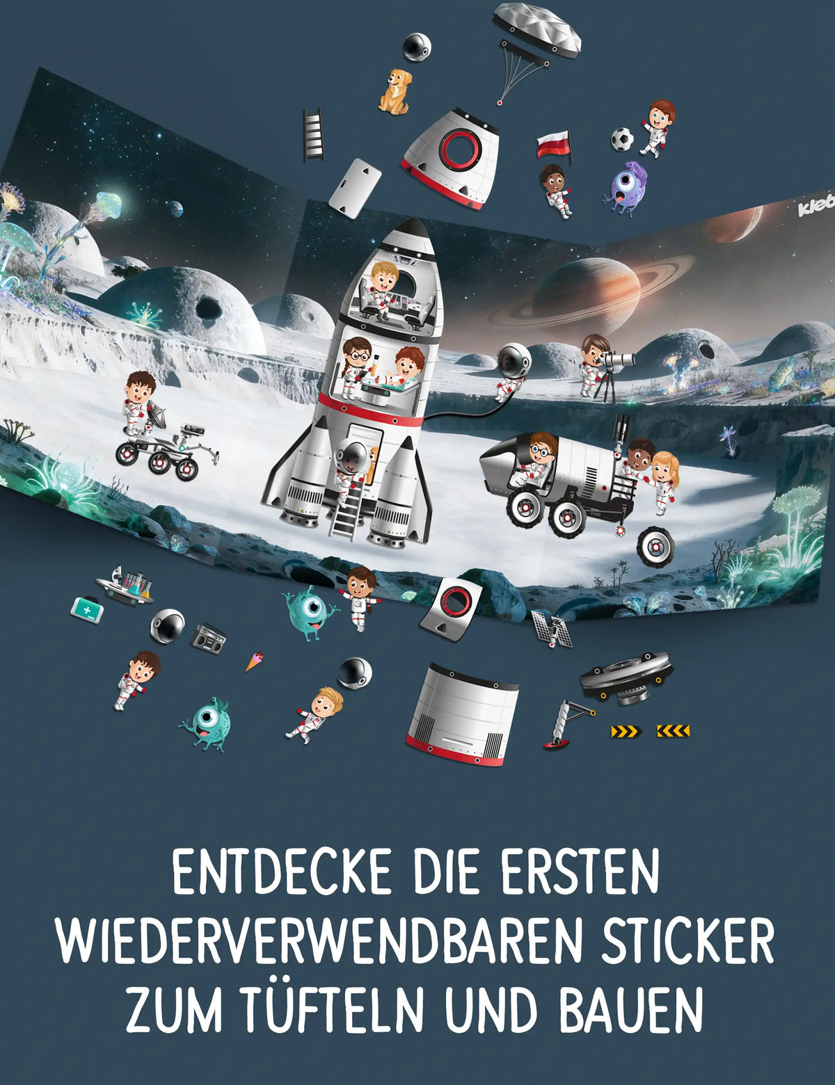 Aufgeklapptes klebo Weltraum Spielfeld mit Rakete, Mondfahrzeug und Astronauten als wiederverwendbare Sticker
