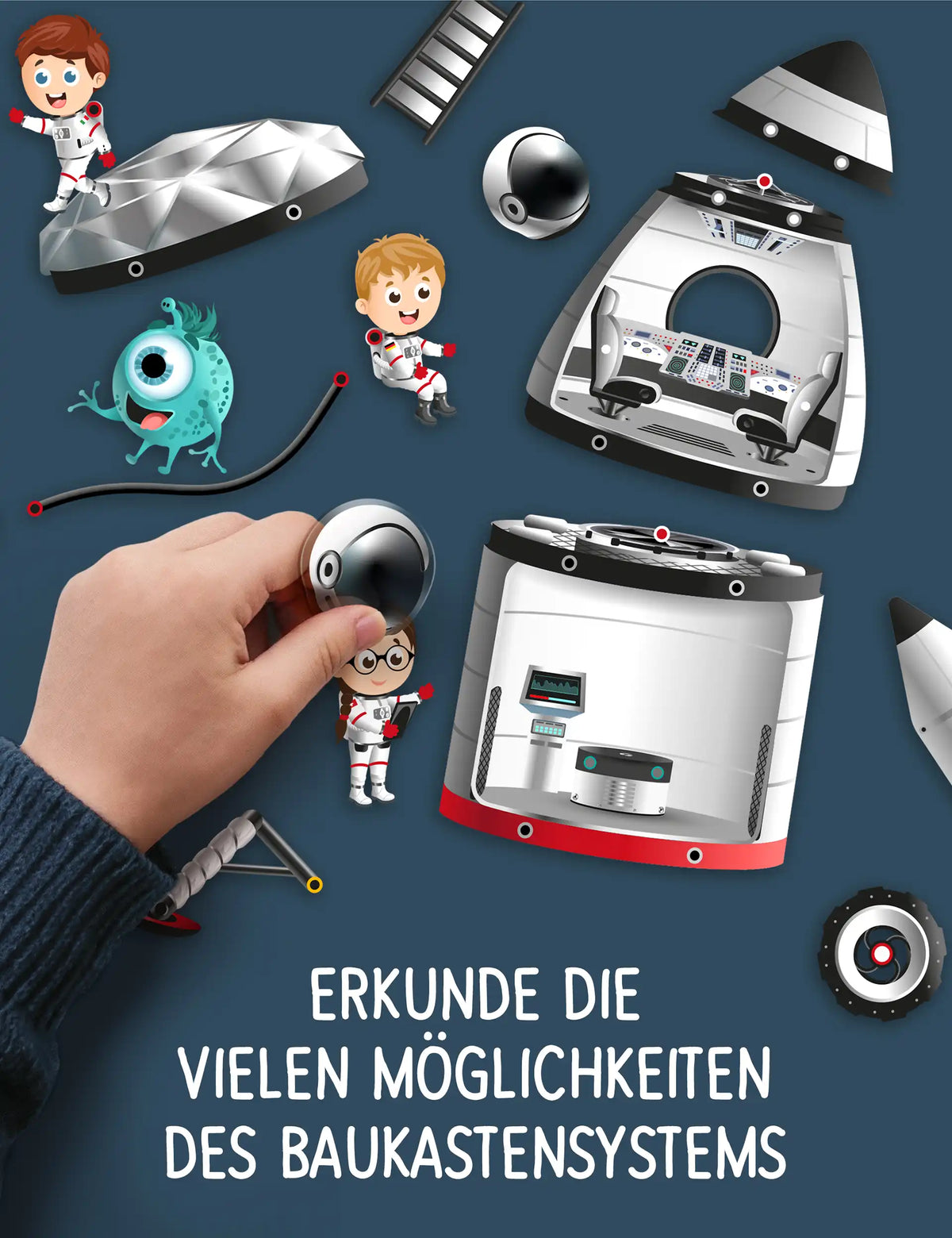 Kinderhand baut eine Rakete mit Astronauten aus wiederverwendbaren klebo Weltraum Stickern zusammen