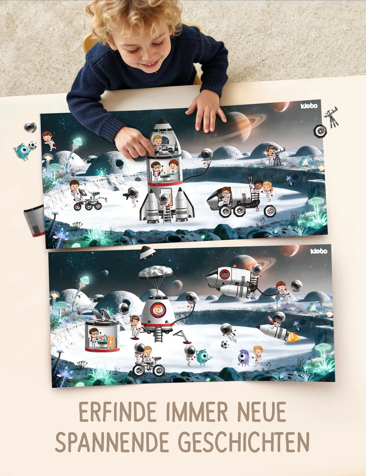 Kind gestaltet mit klebo Stickern immer neue Weltraum-Szenen mit Raketen, Astronauten und Aliens