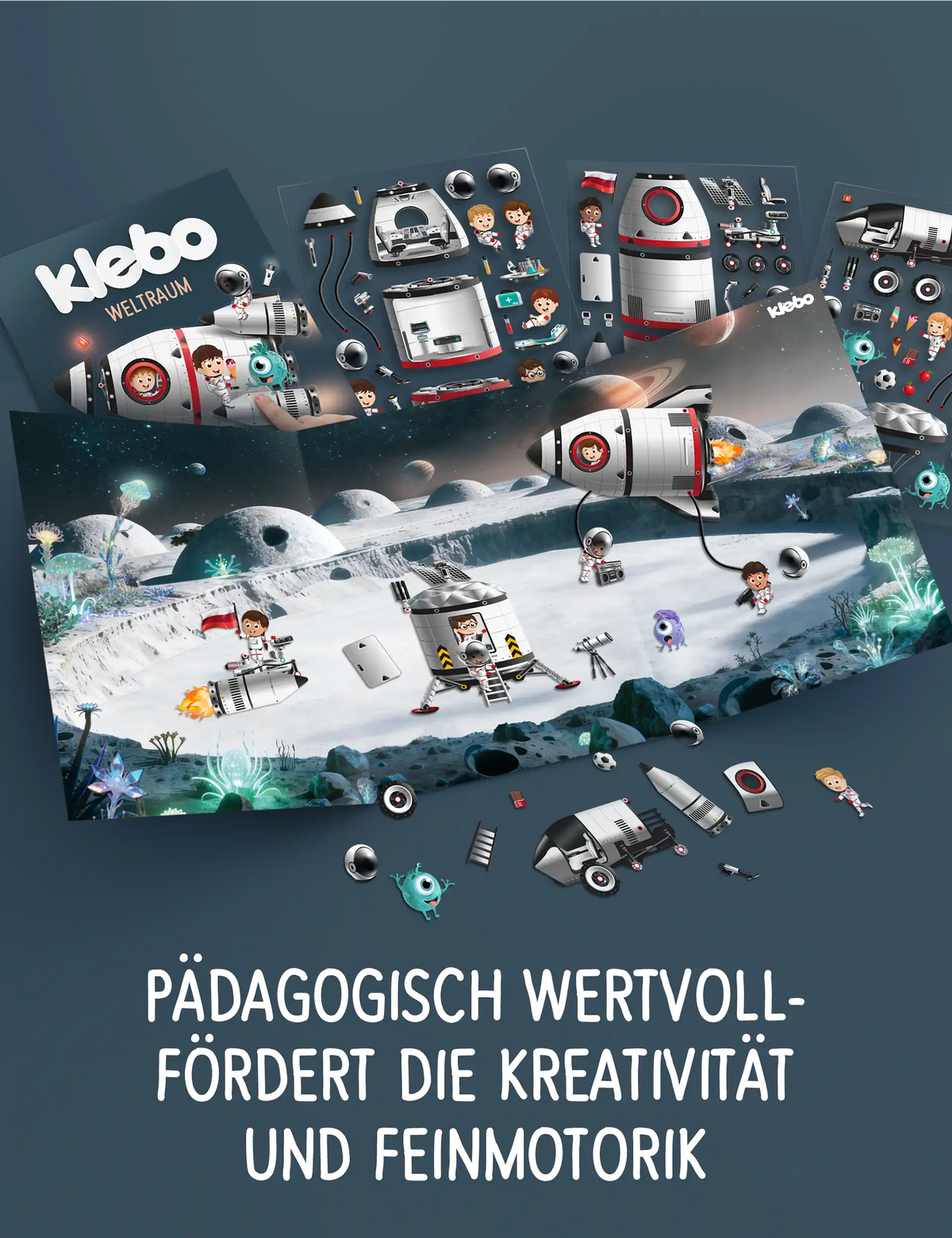 klebo Weltraum Stickerbögen und fertig beklebtes Spielfeld – fördert Kreativität und Feinmotorik