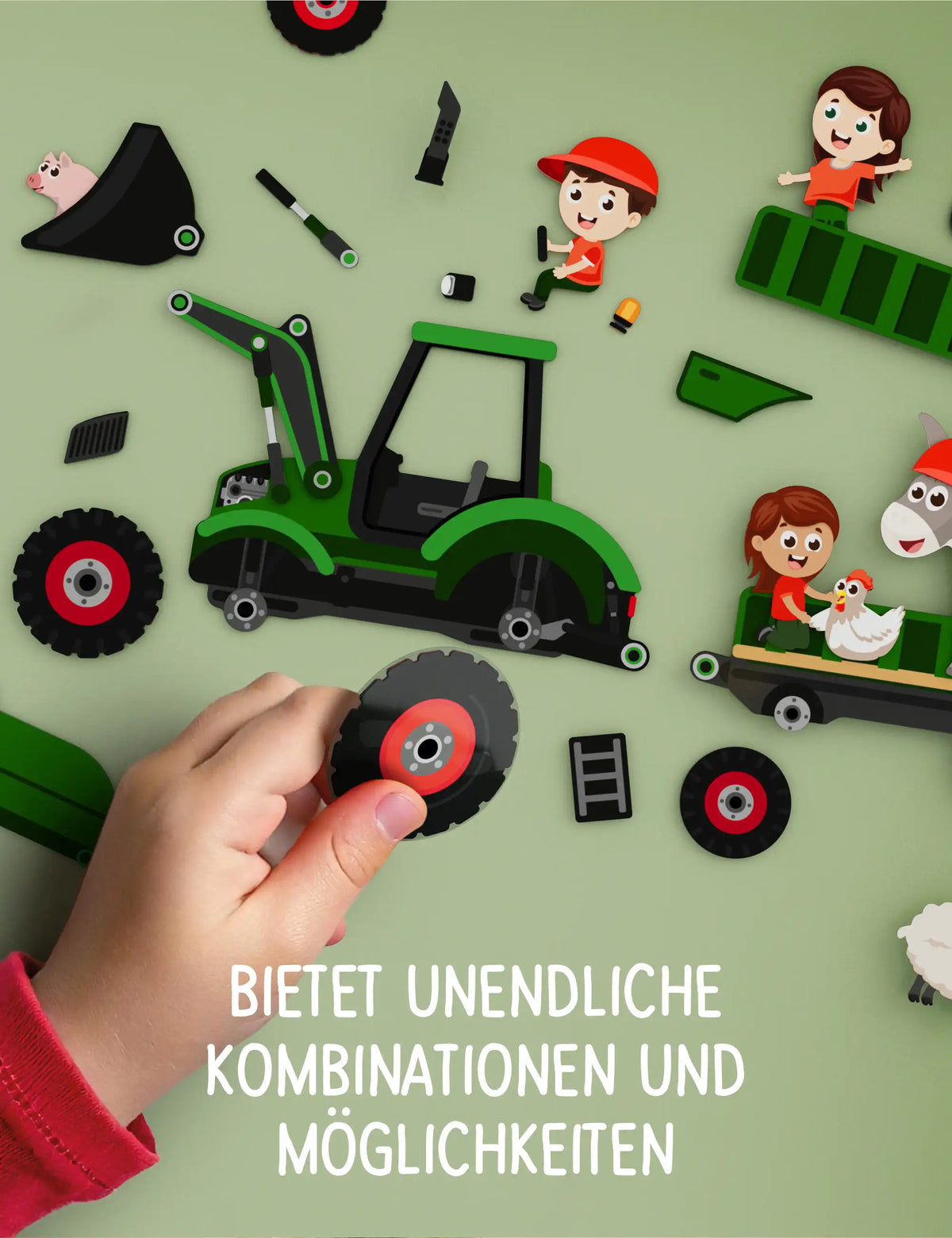 Kinderhand baut einen Traktor aus wiederverwendbaren klebo Bauernhof Stickern zusammen
