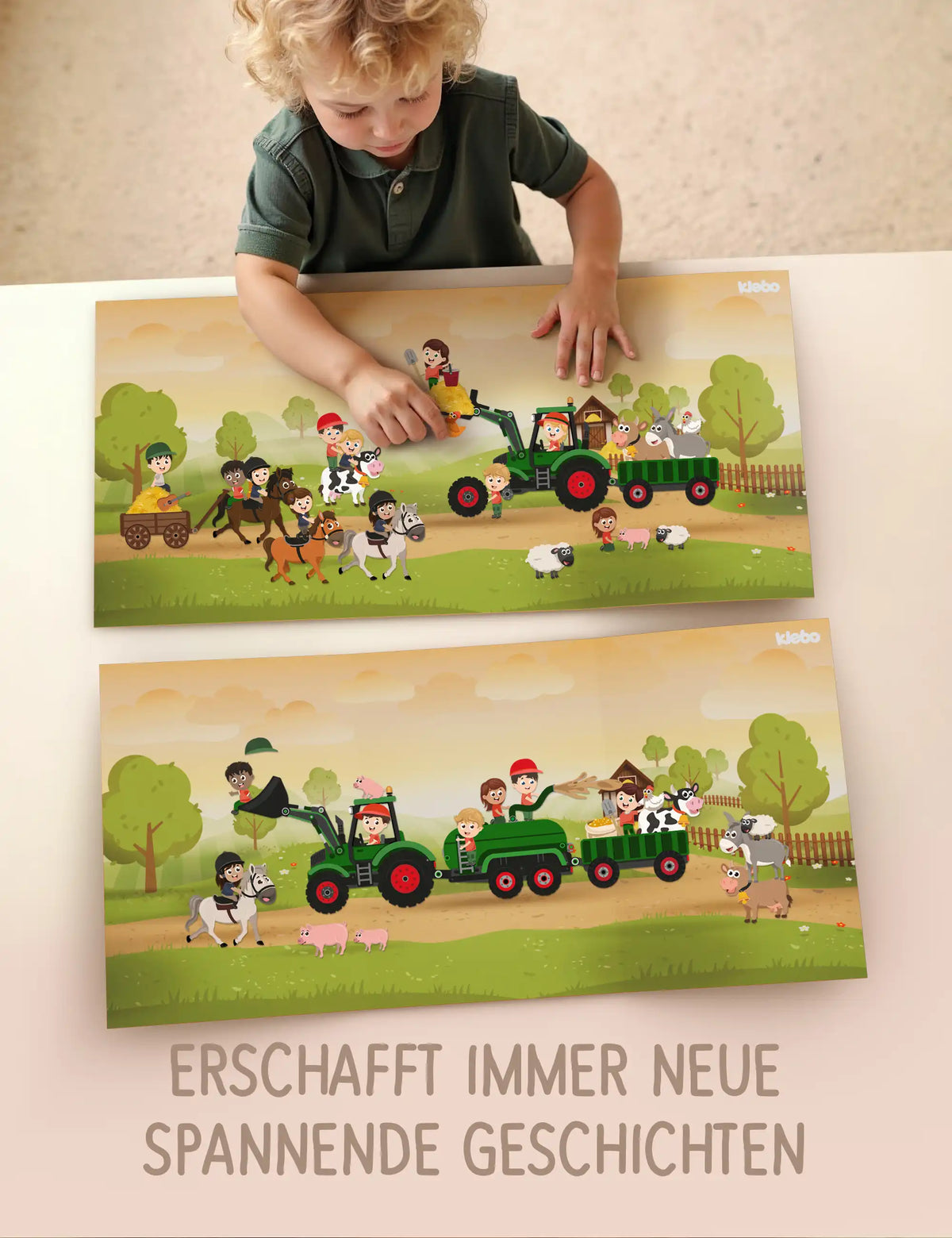 Kind gestaltet mit klebo Stickern immer neue Bauernhof-Szenen mit Traktor und Tieren