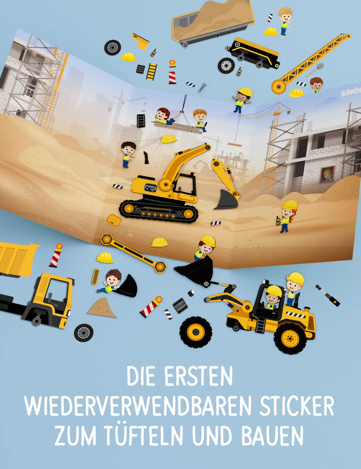 Aufgeklapptes klebo Baustelle Spielfeld mit Bagger, Kran, Radlader und Bauarbeitern als wiederverwendbare Sticker