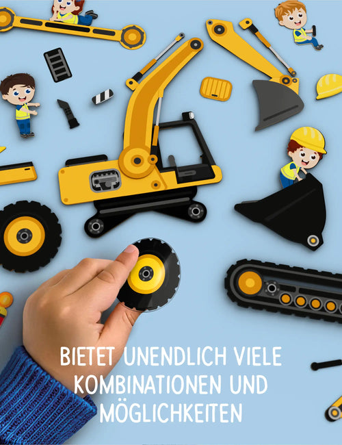 Kinderhand baut einen Bagger aus wiederverwendbaren klebo Baustelle Stickern zusammen