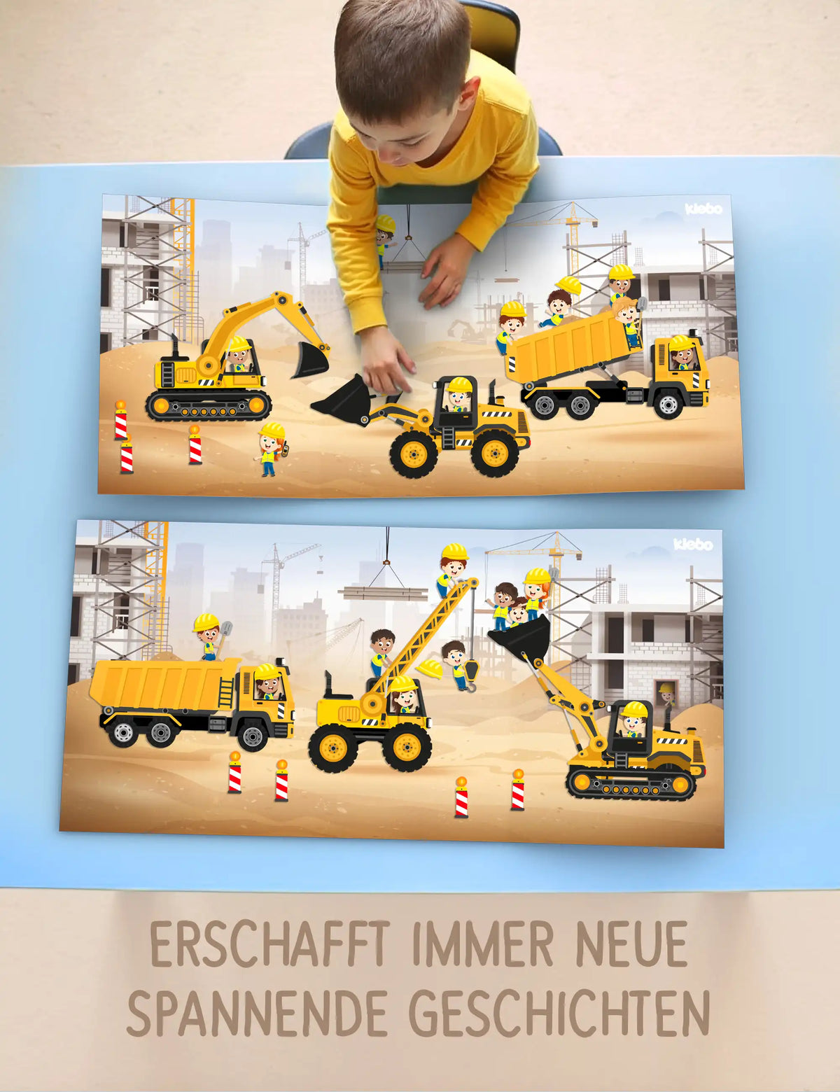 Kind gestaltet mit klebo Stickern immer neue Baustellen-Szenen mit Bagger und Kipplaster