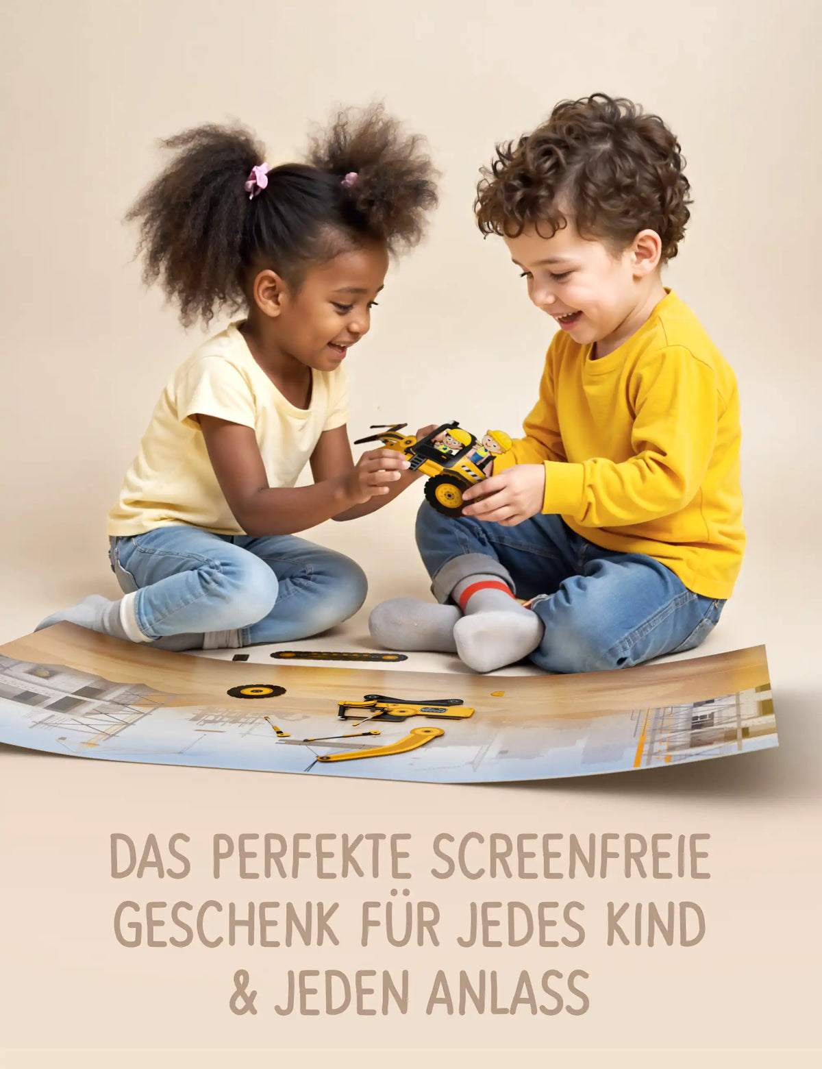 Zwei Kinder bauen zusammen einen Radlader mit klebo Baustelle – bildschirmfreies Geschenk für Kinder