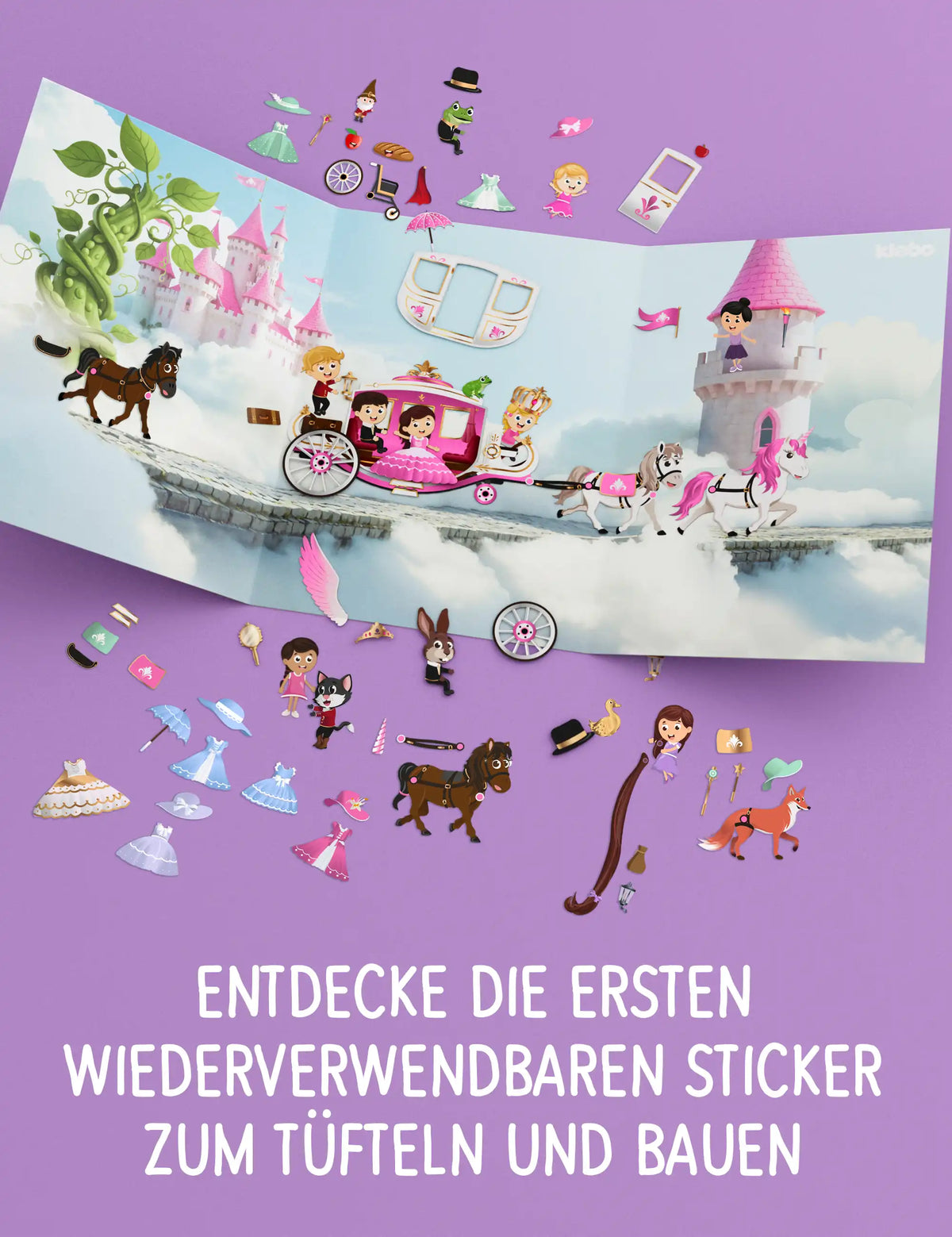 Aufgeklapptes klebo Märchenland Spielfeld mit Schloss, Kutsche und Fabelwesen als wiederverwendbare Sticker