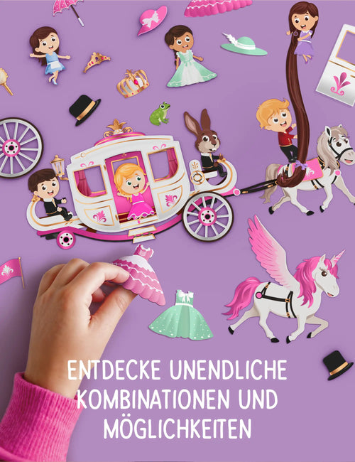 Kinderhand zieht einer Prinzessin ein Kleid an – Kutsche, Einhorn und Figuren aus klebo Märchenland Stickern