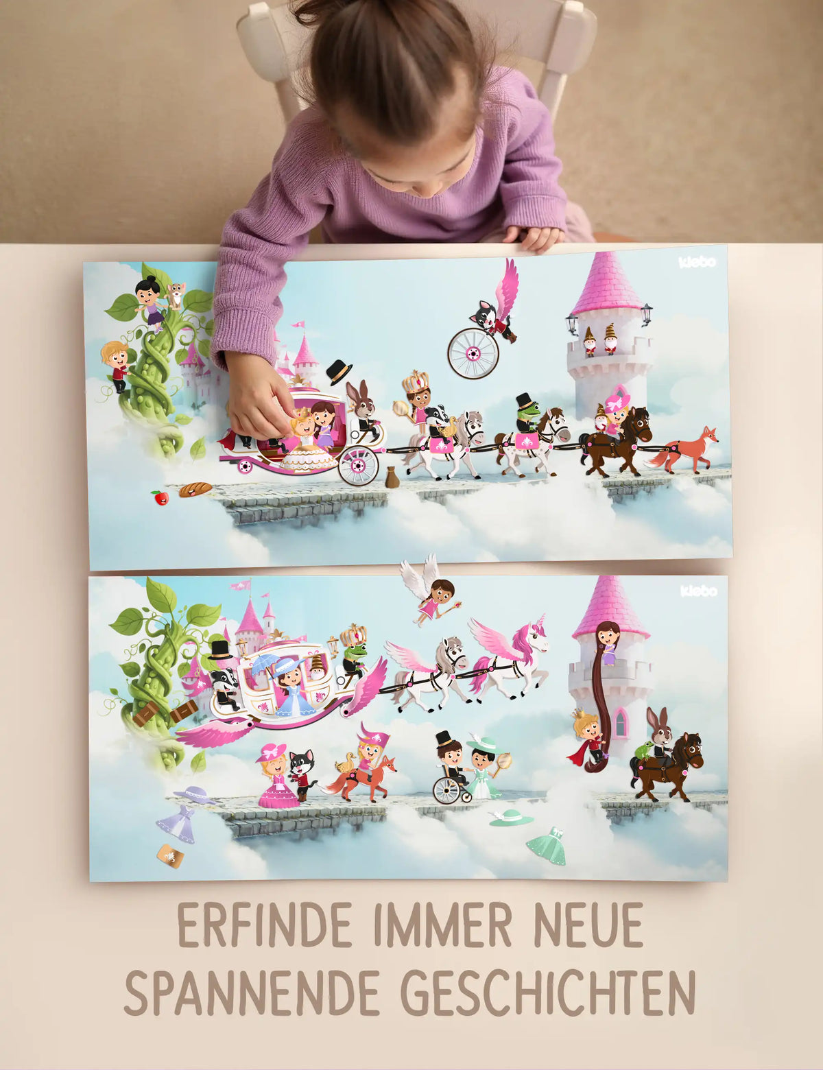 Kind gestaltet mit klebo Stickern immer neue Märchen-Szenen mit Schloss, Kutsche und Prinzessinnen