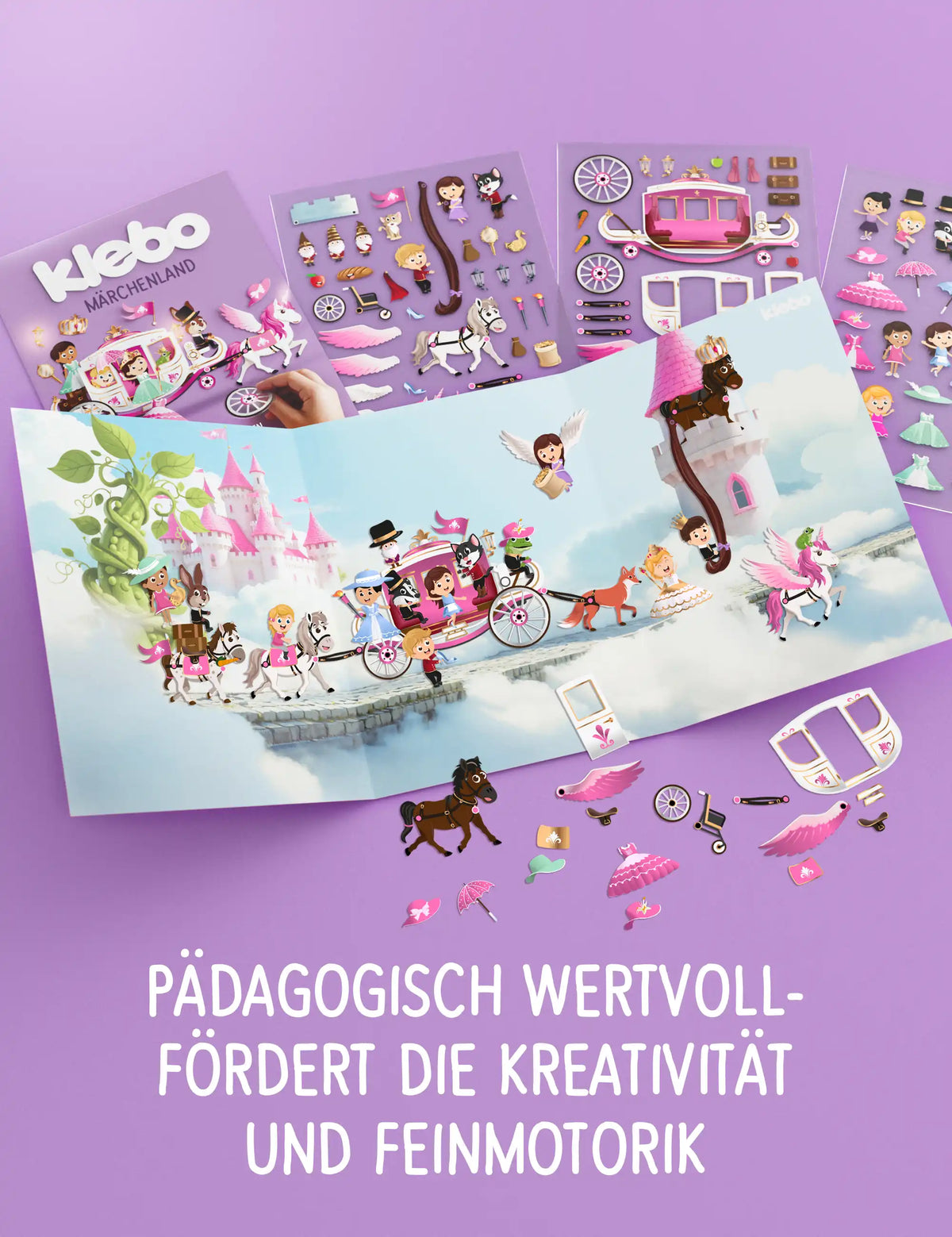 klebo Märchenland Stickerbögen und fertig beklebtes Spielfeld – fördert Kreativität und Feinmotorik