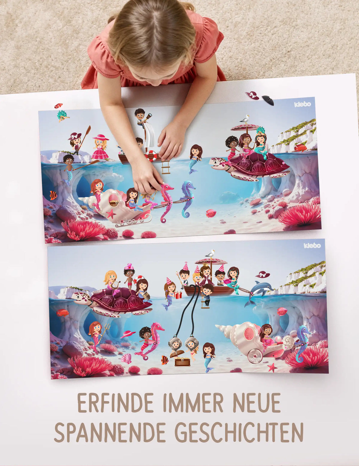 Mädchen gestaltet mit klebo Stickern immer neue Unterwasser-Szenen mit Meerjungfrauen und Fischen