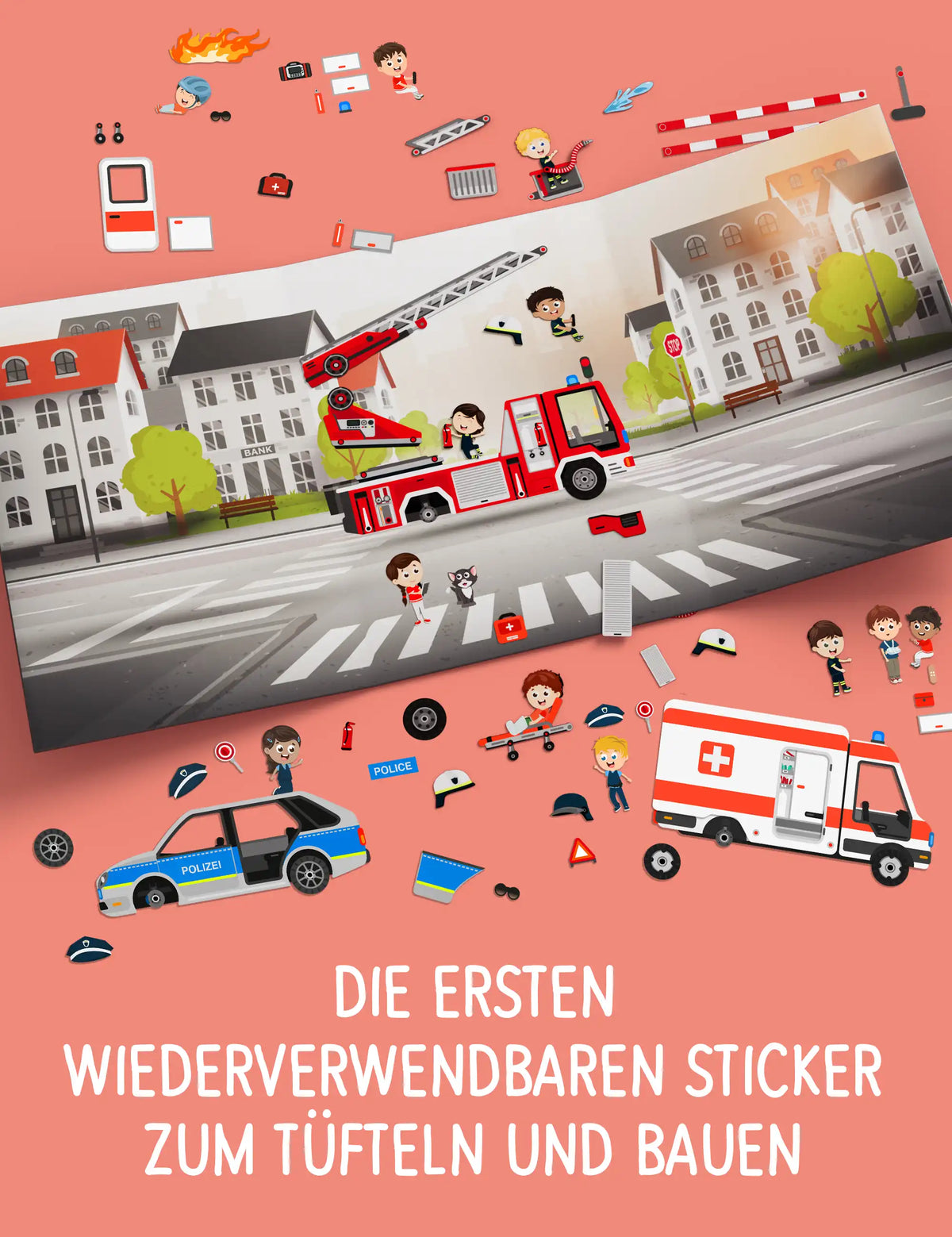 Aufgeklapptes klebo Notruf Spielfeld mit Feuerwehr, Polizeiauto und Krankenwagen als wiederverwendbare Sticker