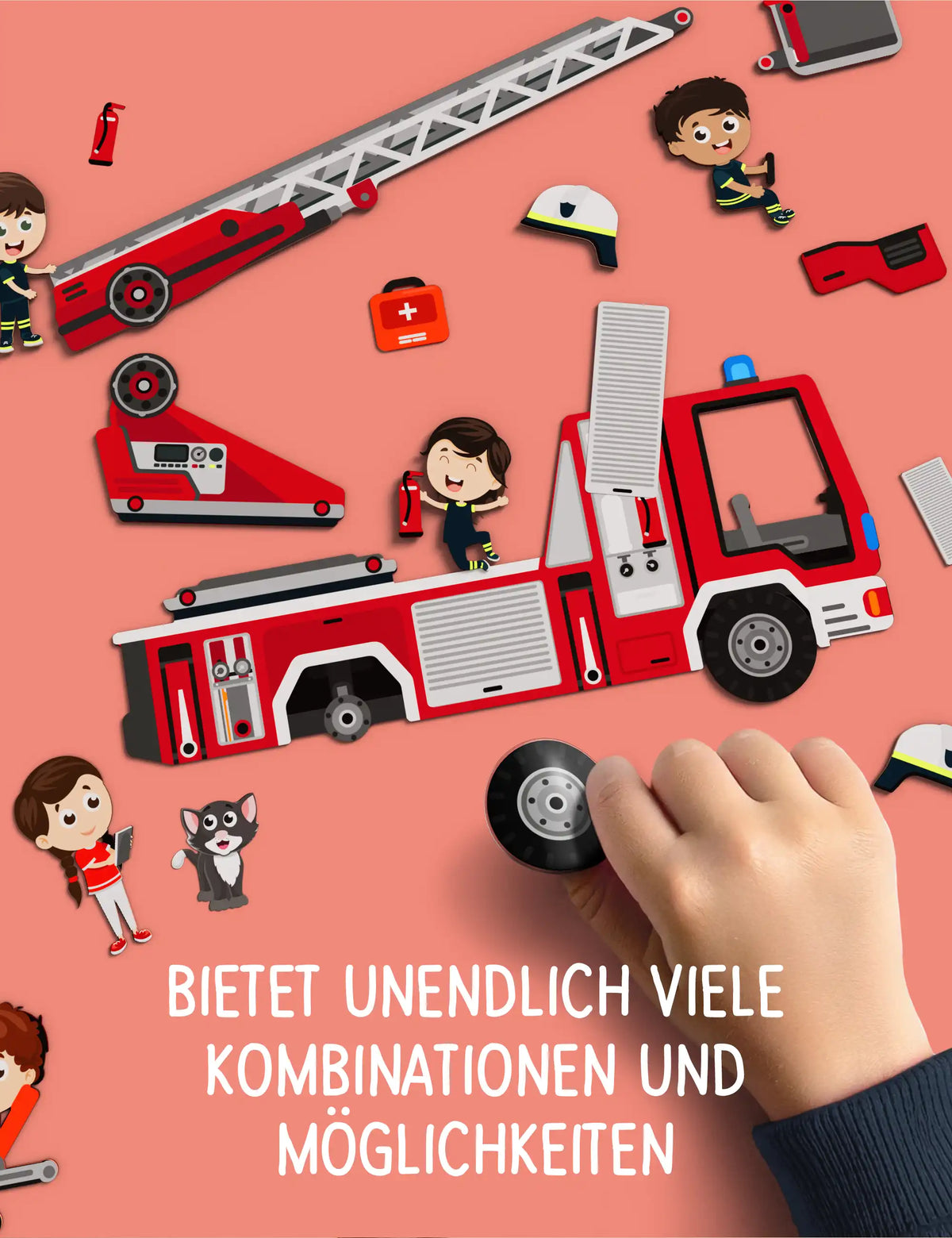 Kinderhand baut ein Feuerwehrauto aus wiederverwendbaren klebo Notruf Stickern zusammen