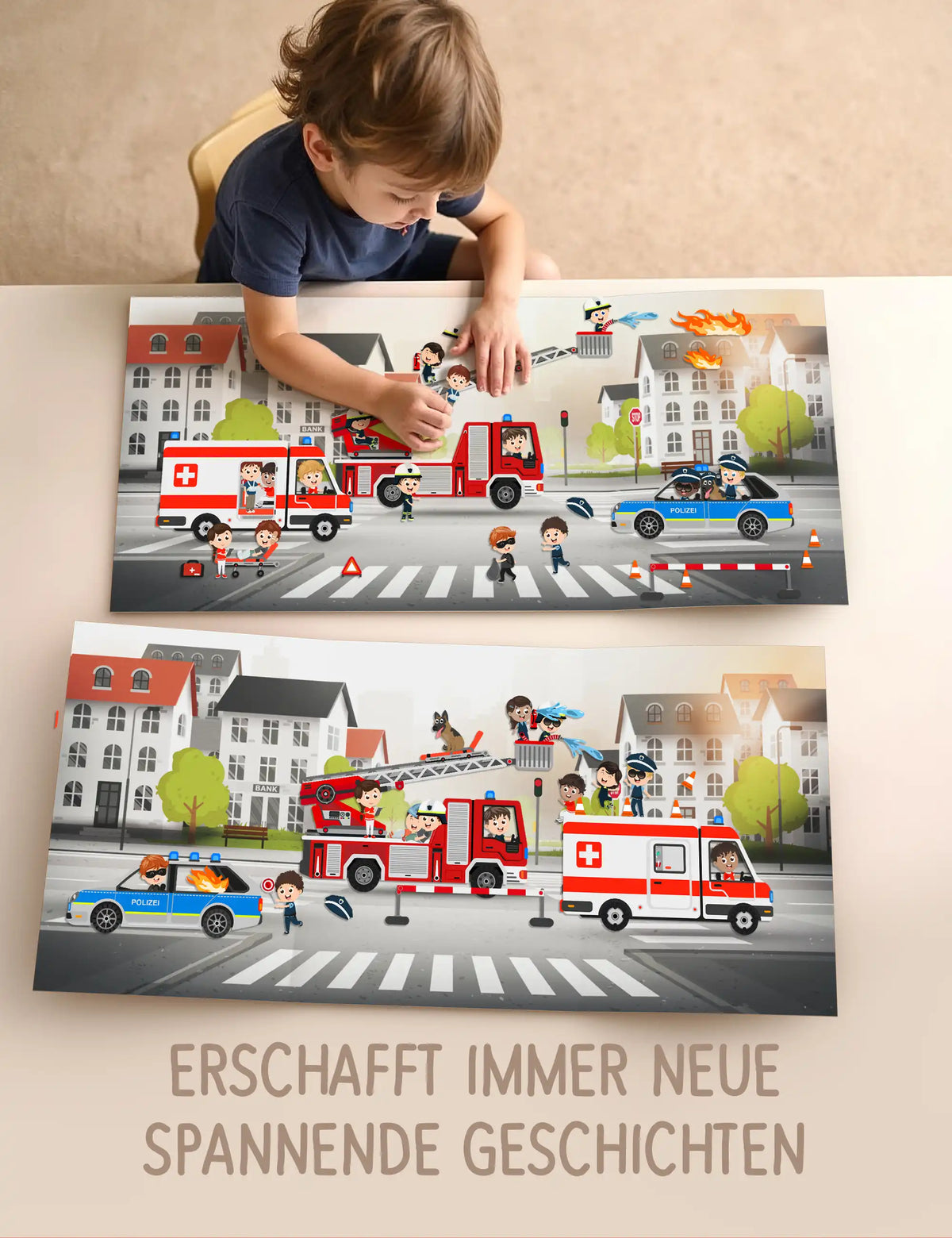 Kind gestaltet mit klebo Stickern immer neue Einsatz-Szenen mit Feuerwehr, Polizei und Krankenwagen